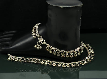 Vintage 10.5-inch sterling silver antique handmade tribal anklet with charms, ethnic tribal jewelry, single piece ankle bracelet.