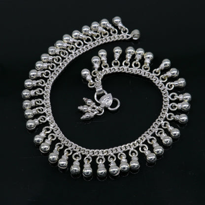 10.5" Vintage antique style sterling silver handmade solid chain ankle bracelet with amazing noisy jingle bells belly genuine jewelry ank379 - TRIBAL ORNAMENTS