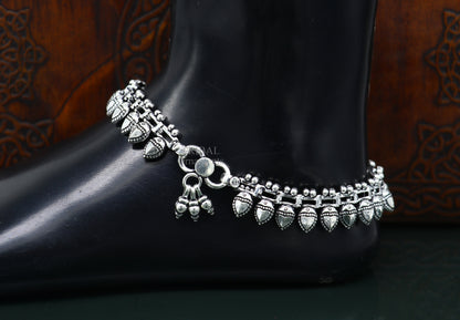 Sterling silver anklet with intricate tribal design, perfect for wedding or belly dance jewelry, featuring antique and stylish details.