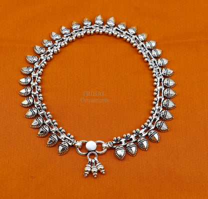 10.8-inch sterling silver anklet with antique tribal design, stylish feet bracelet, perfect for wedding or belly dance jewelry.