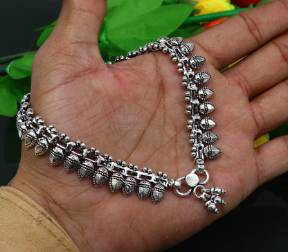 Sterling silver 10.8-inch tribal anklet with antique design, stylish belly dance jewelry, perfect for weddings and traditional occasions.