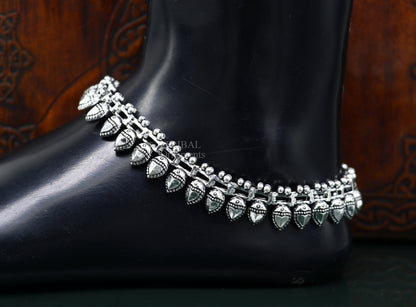 10.8-inch sterling silver anklet with antique tribal design, perfect for wedding or belly dance jewelry, stylish feet bracelet.