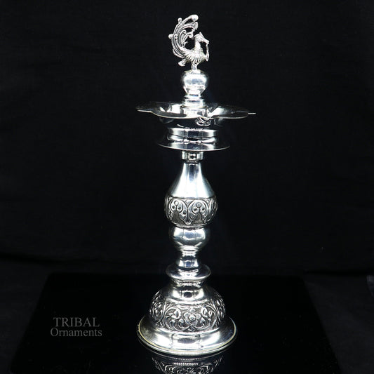 10" 925 sterling silver handcrafted vintage design Panchmukhi oil lamp, Deepak, silver puja article, silver candle stand diya figurine LMP01 - TRIBAL ORNAMENTS