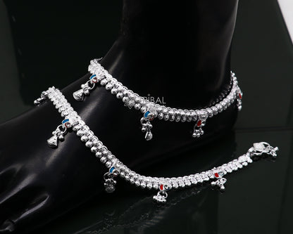 Handmade 10-inch ethnic tribal ankle bracelet in sterling silver with vintage design, crafted for brides and tribal jewelry enthusiasts.