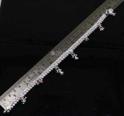 Handmade 10-inch ethnic tribal ankle bracelet in sterling silver with vintage design, ideal for brides or traditional cultural jewelry.