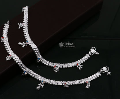 Handmade 10-inch tribal sterling silver ankle bracelet with vintage design, traditional ethnic jewelry for brides and girls.