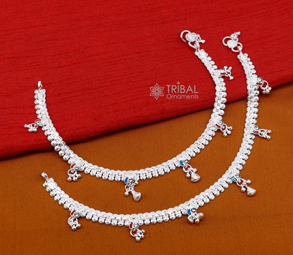 Sterling silver 10-inch ethnic traditional ankle bracelet with vintage tribal design, handmade jewelry for brides and girls.
