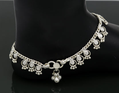 Handmade sterling silver ankle bracelet with tiny drop charms, tribal-inspired jewelry ank210, perfect for customized gifting.