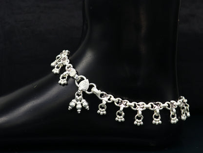 10-inch solid sterling silver ankle bracelet with hanging drop charms, handmade tribal design for wedding, brides, or belly dance jewelry