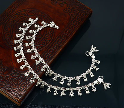 10-inch solid sterling silver ankle bracelet with hanging drop charms, handmade tribal jewelry for brides and belly dance.