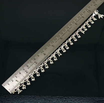 10-inch solid sterling silver ankle bracelet with hanging drop designs, ideal for weddings, brides, and belly dance jewelry.