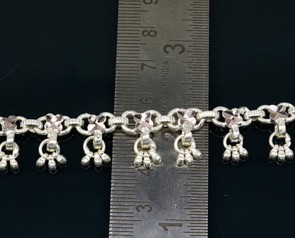 Sterling silver ankle bracelet with hanging drops, handmade tribal design, perfect for weddings, brides, or belly dance jewelry.