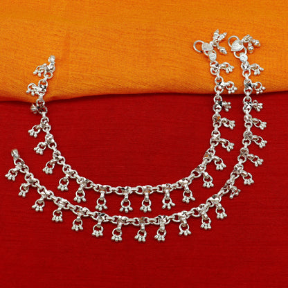 10-inch solid sterling silver ankle bracelet with hanging drop charms, ideal for wedding, bridal, or belly dance jewelry.