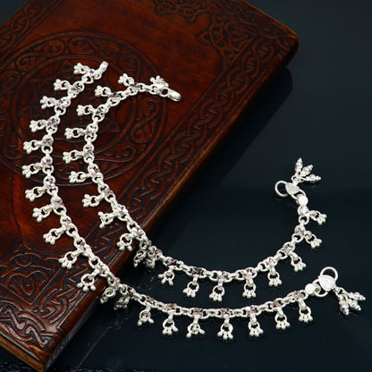 10-inch sterling silver ankle bracelet with hanging drops, handmade wedding brides anklet, perfect for belly dance jewelry.