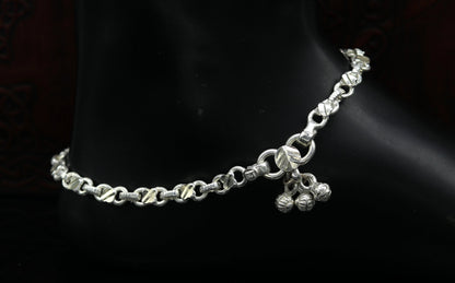10-inch solid sterling silver handmade vintage tribal ankle bracelet, stylish bridal anklet jewelry by Tribal Ornaments.