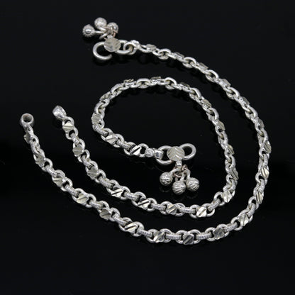 10-inch handmade sterling silver tribal ankle bracelet with vintage design, perfect for brides and tribal jewelry enthusiasts.