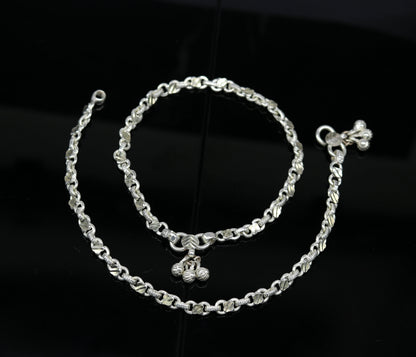 10-inch handmade sterling silver tribal ankle bracelet with vintage design, perfect for brides and tribal jewelry enthusiasts.