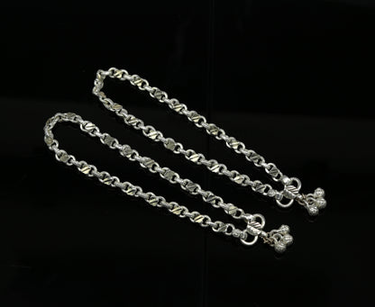 10-inch handmade sterling silver tribal ankle bracelet with vintage design, perfect for brides and tribal jewelry enthusiasts.