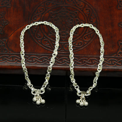 Handmade 10-inch sterling silver tribal ankle bracelet featuring vintage design, perfect for brides and tribal jewelry lovers.