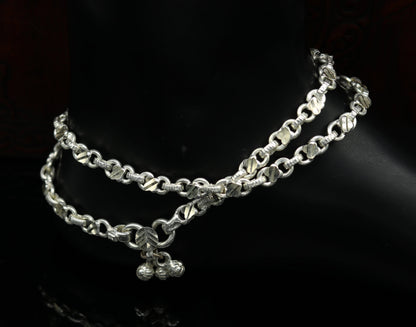 Vintage handmade 10-inch sterling silver tribal ankle bracelet, intricate design, perfect for bridal or tribal jewelry styles.