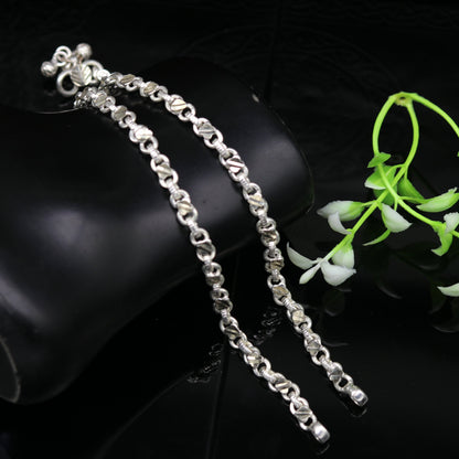10-inch handmade sterling silver tribal ankle bracelet with vintage design, perfect for brides and tribal jewelry enthusiasts.