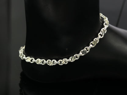 10-inch solid sterling silver handmade vintage tribal ankle bracelet, detailed design, perfect for brides or tribal jewelry enthusiasts.