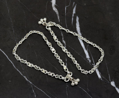 10-inch handmade sterling silver tribal ankle bracelet with vintage design, ideal for brides and special occasions.