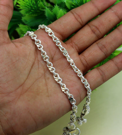 Handmade 10-inch sterling silver vintage tribal ankle bracelet, detailed design perfect for brides or tribal jewelry gifting.