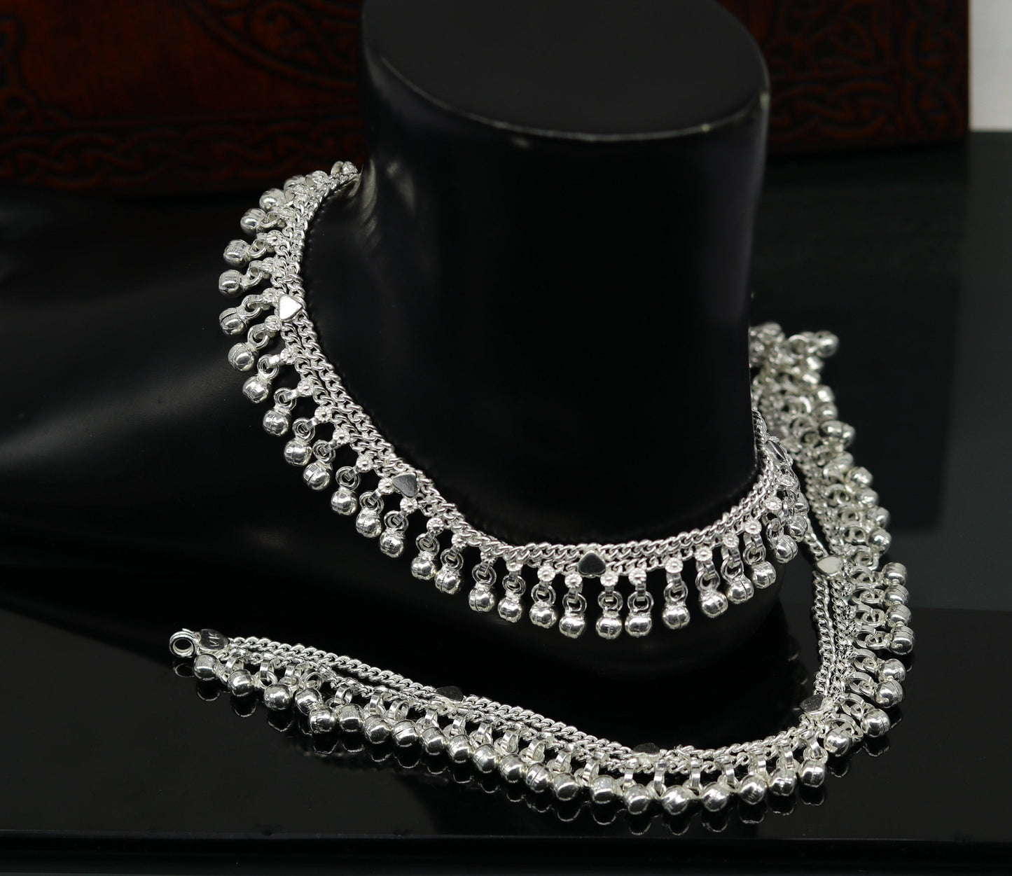 10" Sterling silver customized double chain anklets bracelet, waved jingle bells ankles feet bracelet charm belly dance jewelry india ank261 - TRIBAL ORNAMENTS