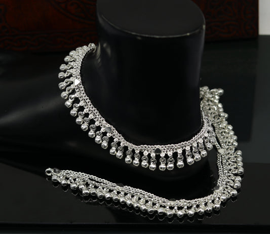 10" Sterling silver customized double chain anklets bracelet, waved jingle bells ankles feet bracelet charm belly dance jewelry india ank261 - TRIBAL ORNAMENTS