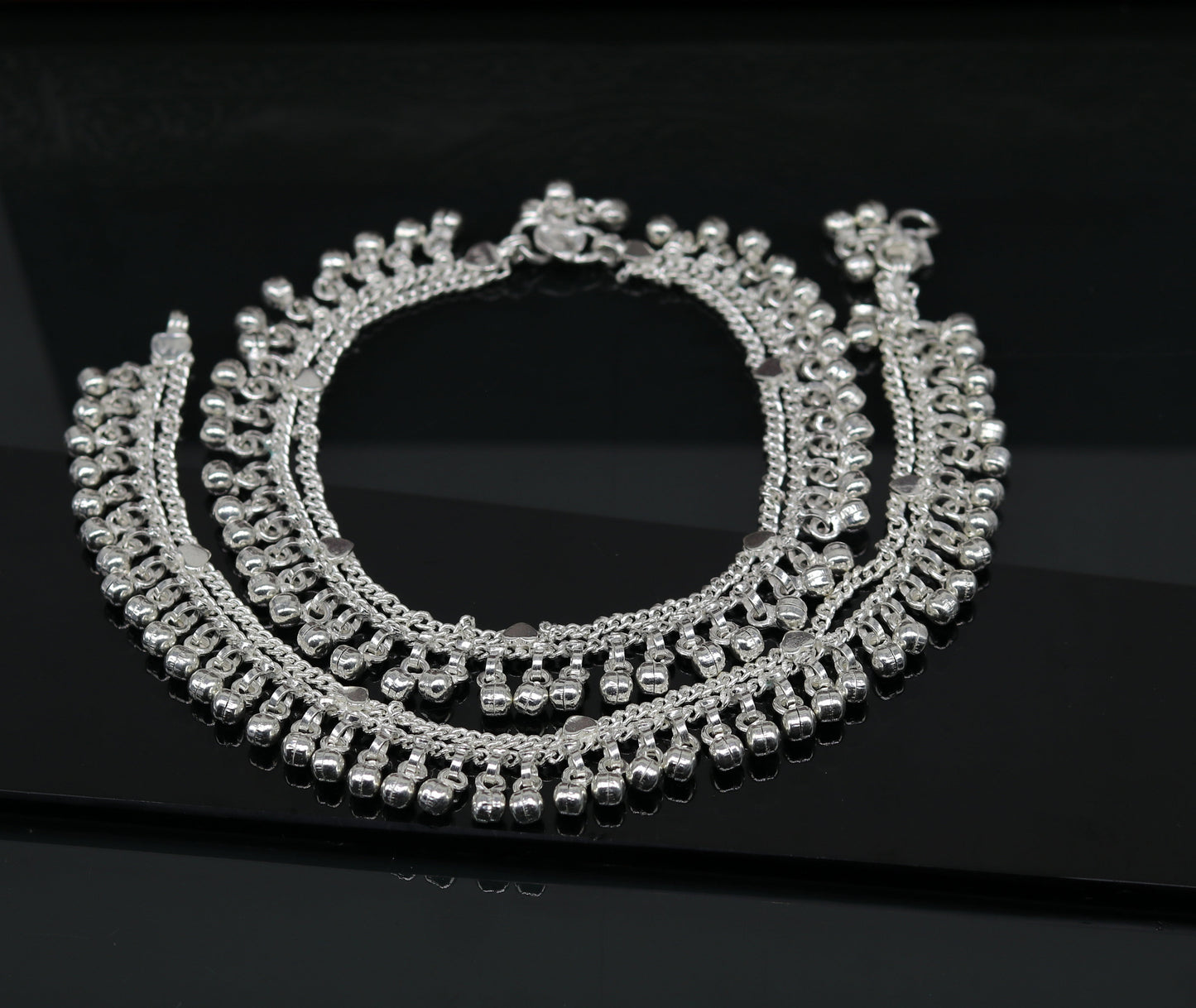 10" Sterling silver customized double chain anklets bracelet, waved jingle bells ankles feet bracelet charm belly dance jewelry india ank261 - TRIBAL ORNAMENTS