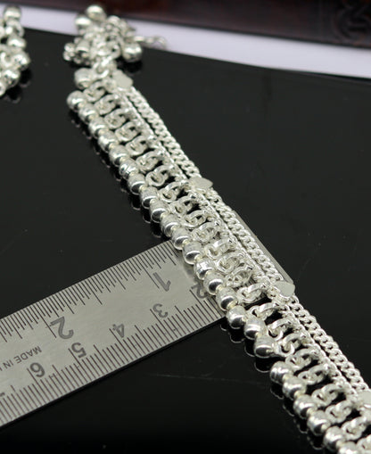 Sterling silver double chain anklet with waved jingle bells and charm, tribal jewelry for ankles and feet, ideal for belly dance.