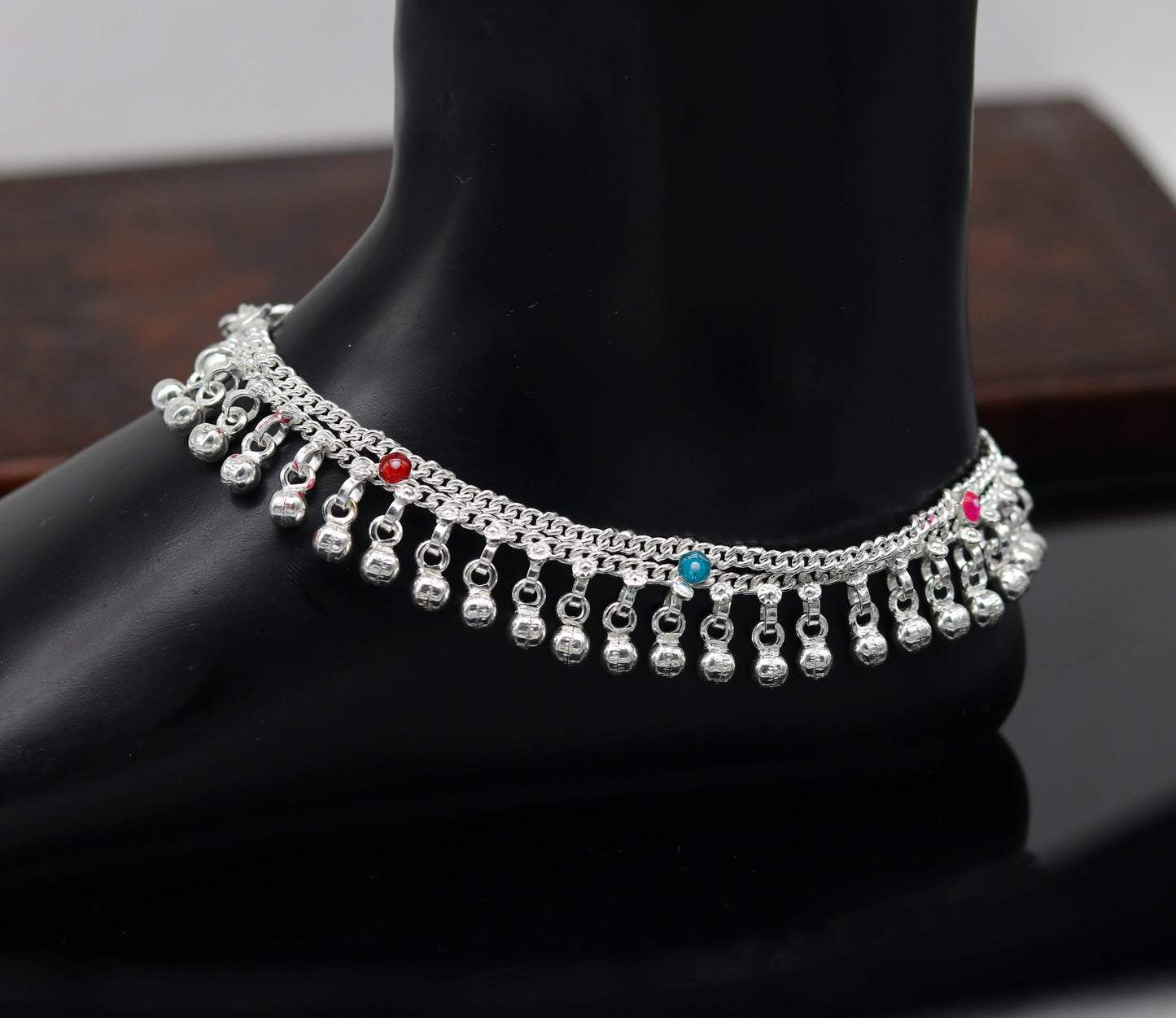 10" Sterling silver handmade double chain anklets bracelet, best jingling noisy ankles feet bracelet charm belly dance jewelry india ank259 - TRIBAL ORNAMENTS