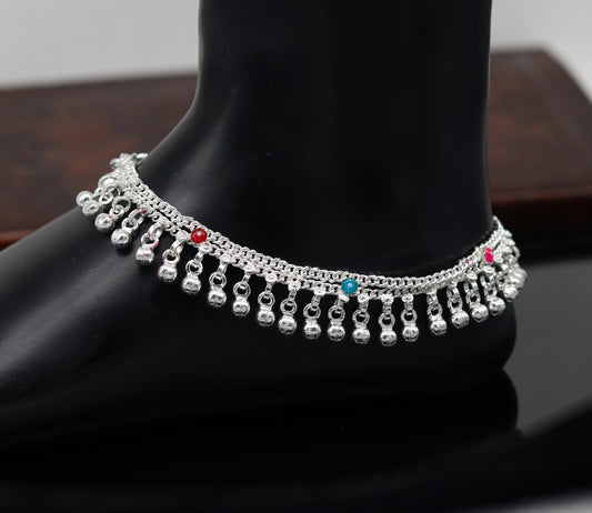 10" Sterling silver handmade double chain anklets bracelet, best jingling noisy ankles feet bracelet charm belly dance jewelry india ank259 - TRIBAL ORNAMENTS