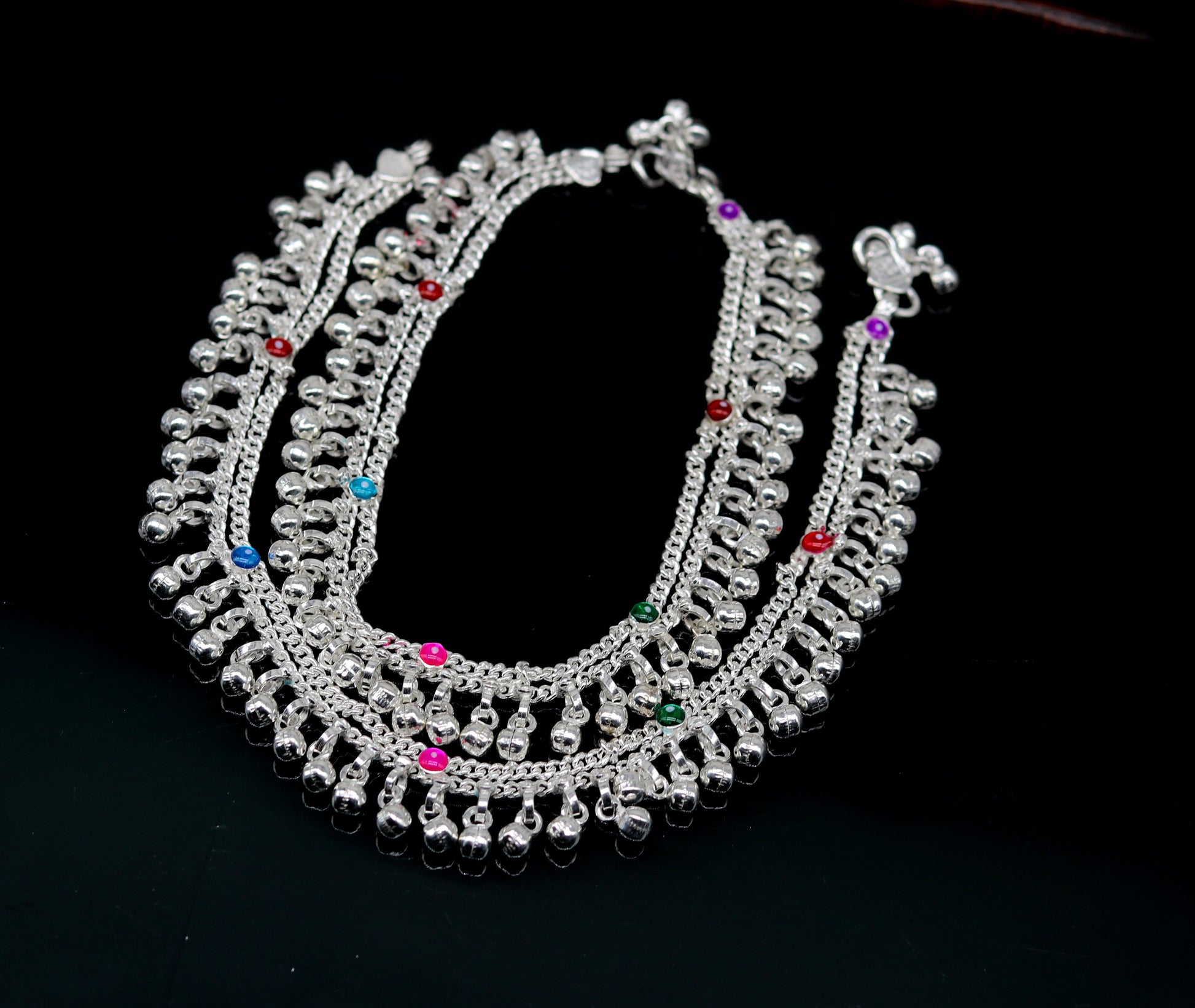 10" Sterling silver handmade double chain anklets bracelet, best jingling noisy ankles feet bracelet charm belly dance jewelry india ank259 - TRIBAL ORNAMENTS