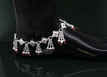 Sterling silver vintage ankle bracelet with handmade solid chain and hanging dangler, tribal design, genuine jewelry.