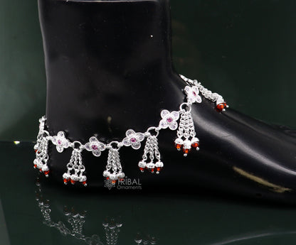 Sterling silver handmade 10-inch vintage ankle bracelet with dangling belly jewelry and intricate chain design by TRIBAL ORNAMENTS.