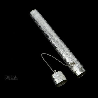 Vintage 10-inch handmade solid silver incense sticks and trinket box with tribal ornament design, ideal for puja and temple use.