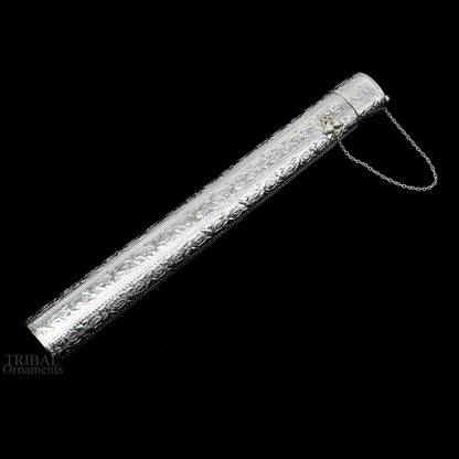 10-inch vintage handmade solid silver incense sticks box holder with intricate tribal design, ideal for puja and temple use.