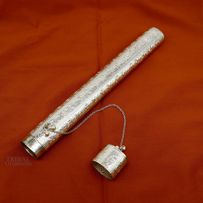Vintage 10-inch handmade solid silver incense sticks box holder and trinket box with royal puja temple design by Tribal Ornaments.