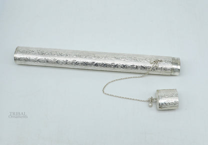 Vintage 10-inch handmade solid silver incense sticks box holder with intricate tribal design, ideal for puja and temple use.
