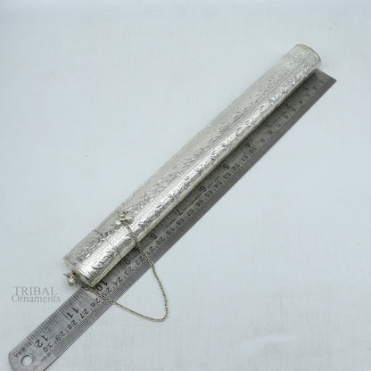 Vintage 10-inch handmade solid silver incense sticks holder and trinket box with intricate tribal design, ideal for puja and temple use.