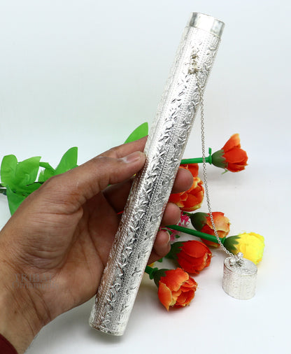 Handmade 10-inch vintage solid silver incense sticks box holder with intricate tribal design, ideal for puja and temple use.