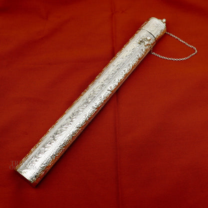 Vintage 10-inch handmade solid silver incense sticks holder and trinket box with intricate tribal design and royal puja temple style.