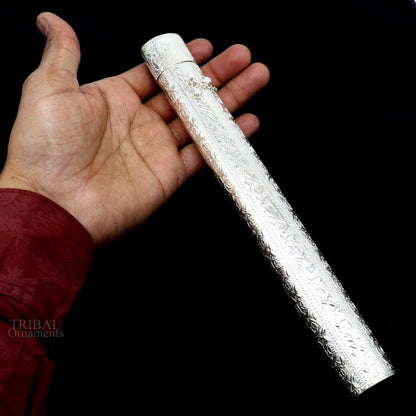 Vintage 10-inch handmade solid silver incense sticks box holder with intricate tribal design, ideal for puja and temple use.