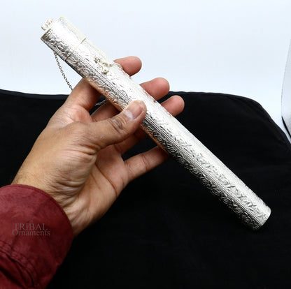 Vintage 10-inch handmade solid silver incense sticks box holder by Tribal Ornaments with intricate royal puja temple design.