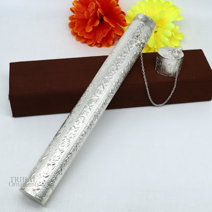 10-inch vintage handmade solid silver incense sticks box holder with intricate tribal design, perfect for puja and temple use.