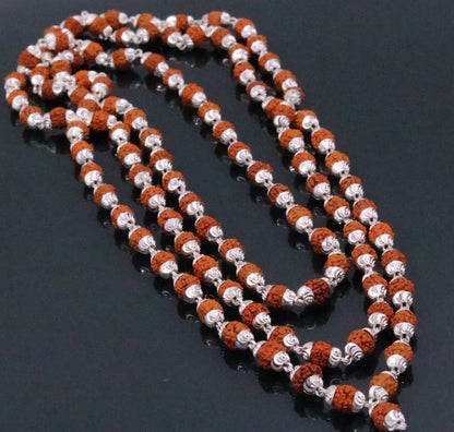 Handmade sterling silver Japp mala necklace with 108 natural Rudraksh beads, 54 inches long, from Rajasthan, India.
