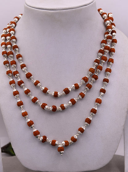 Handmade sterling silver Japp mala necklace with 108 natural Rudraksh beads, 54 inches long, from Rajasthan, India.