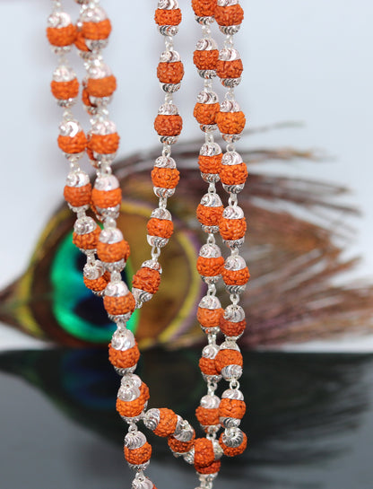 Handmade sterling silver Japp mala necklace with 108 natural Rudraksh beads, 54 inches long, from Rajasthan, India.